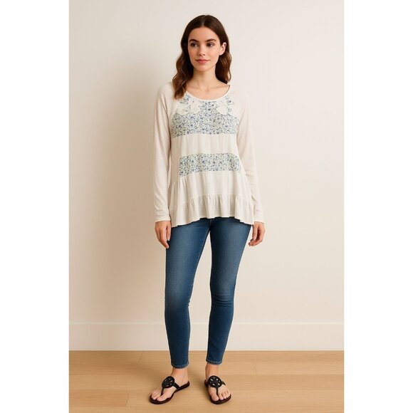 Free People Soft Cream Floral Tunic Top S Cottagecore Peplum Boho Chic Romantic - Picture 1 of 11